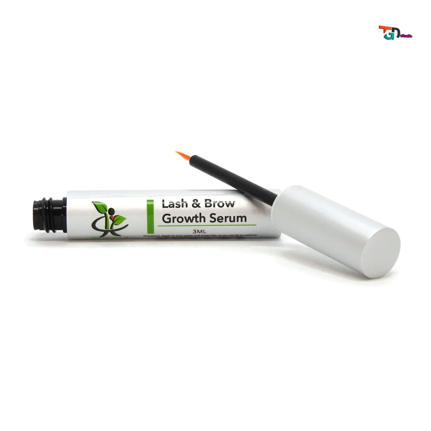 open bottle of lash and brow serum with applicator