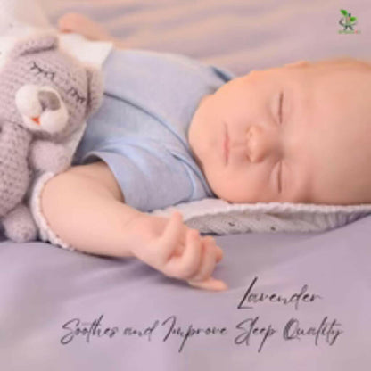 baby sleeping with his toy on soft purple planket test saying lavender soothes and improve sleep quality