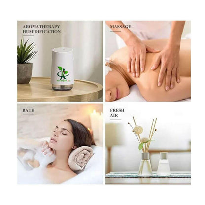 four photos showing diffuser on table, women getting a massage, women having a bath, and an air freshner