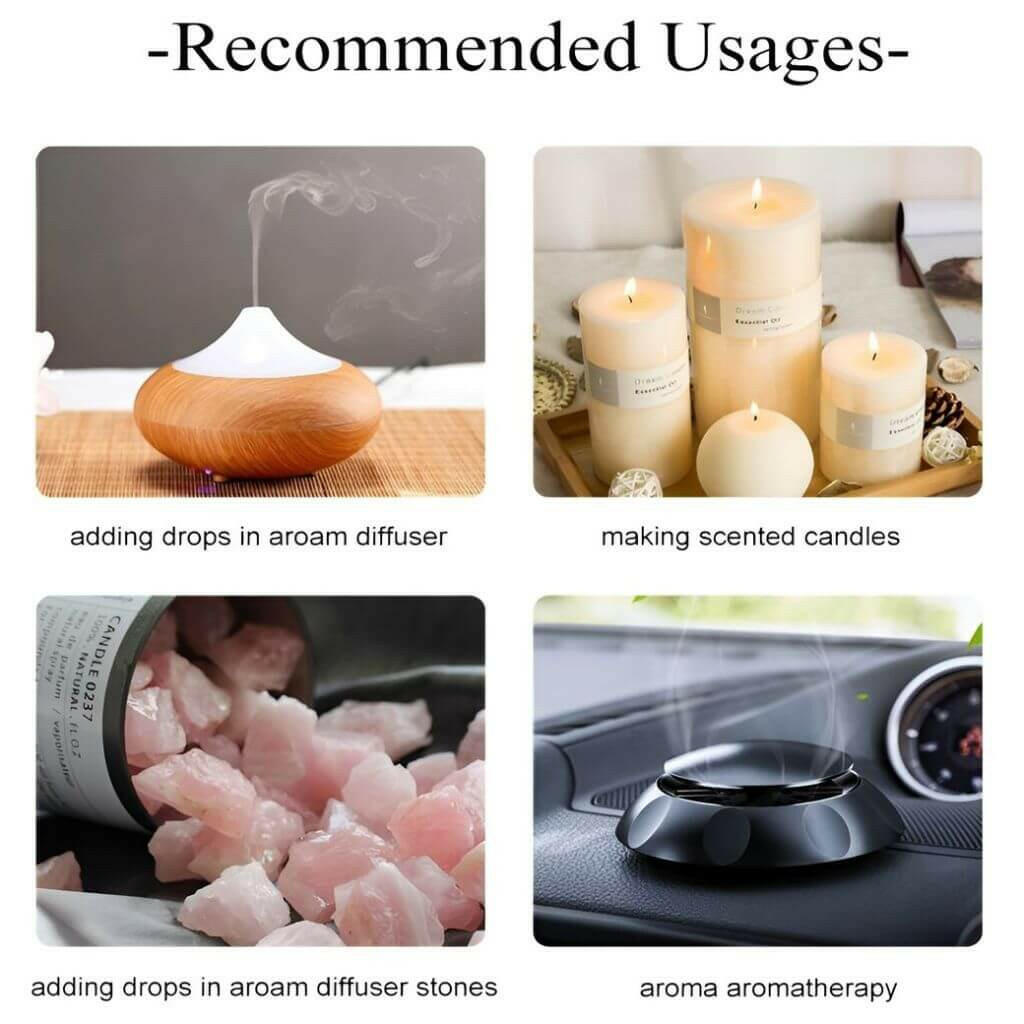 four photos showing diffuser, candles on a tray, pink diffuser stones and small diffuser in a car