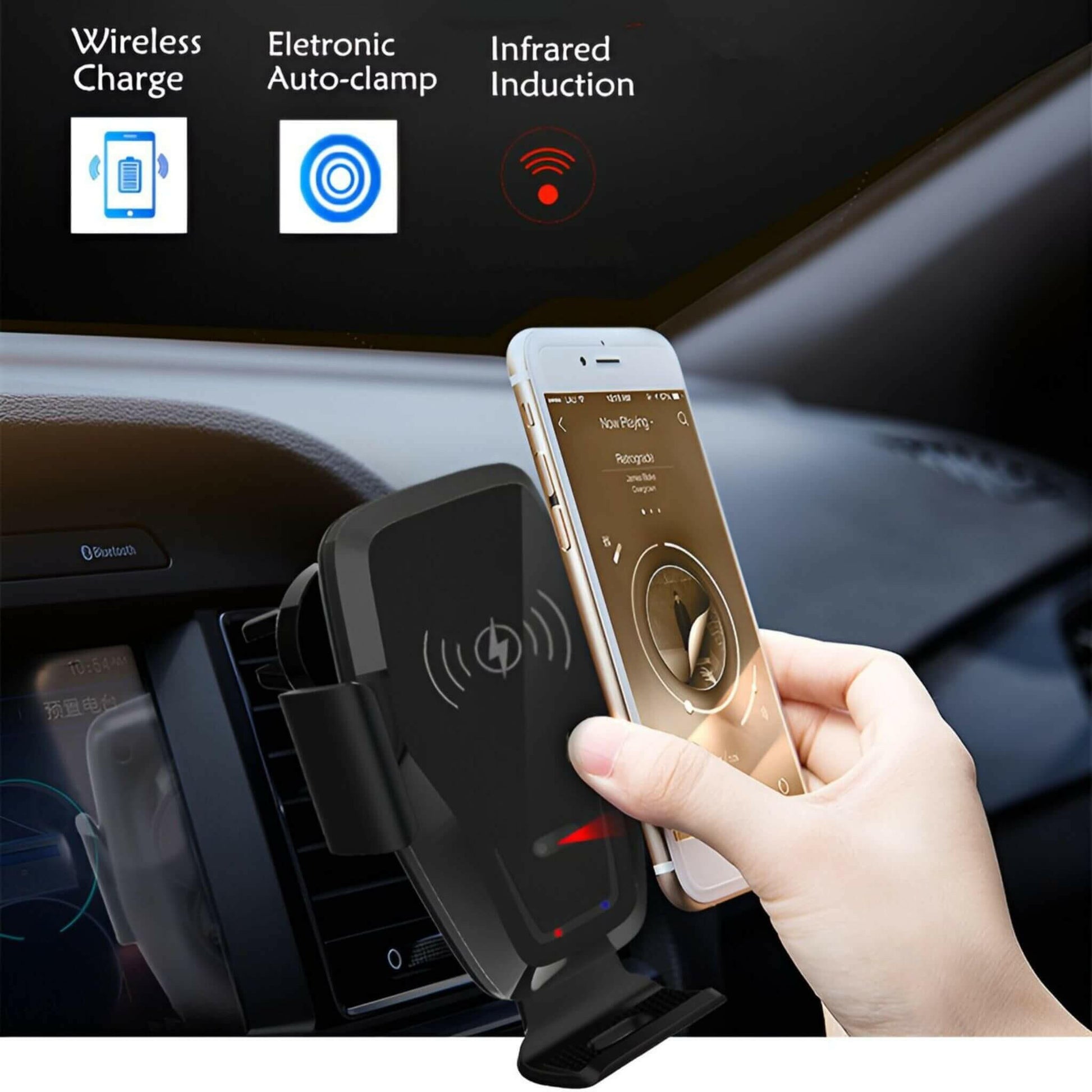 hand holding smart phone wireless car charger QI infra-red