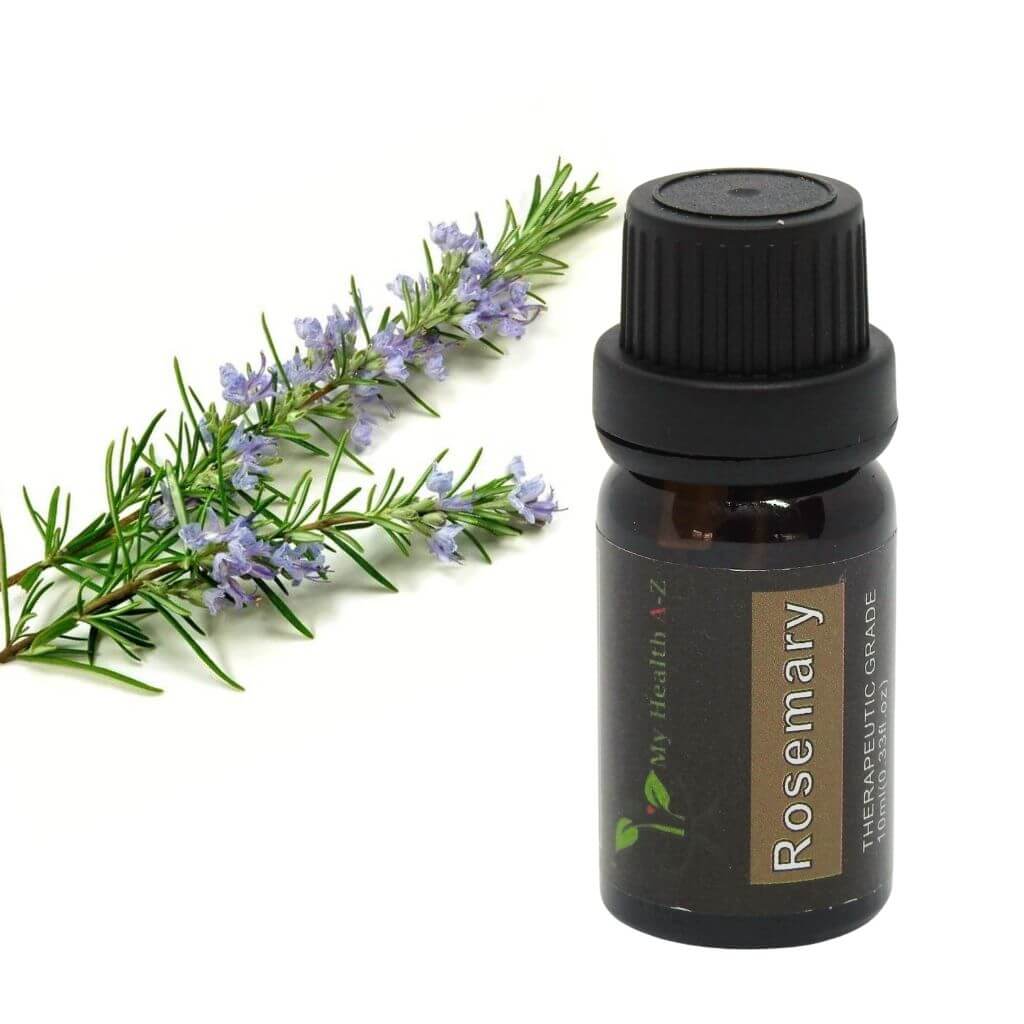 Amber bottle of Rosemary Essential Oil with branch of Rosemary