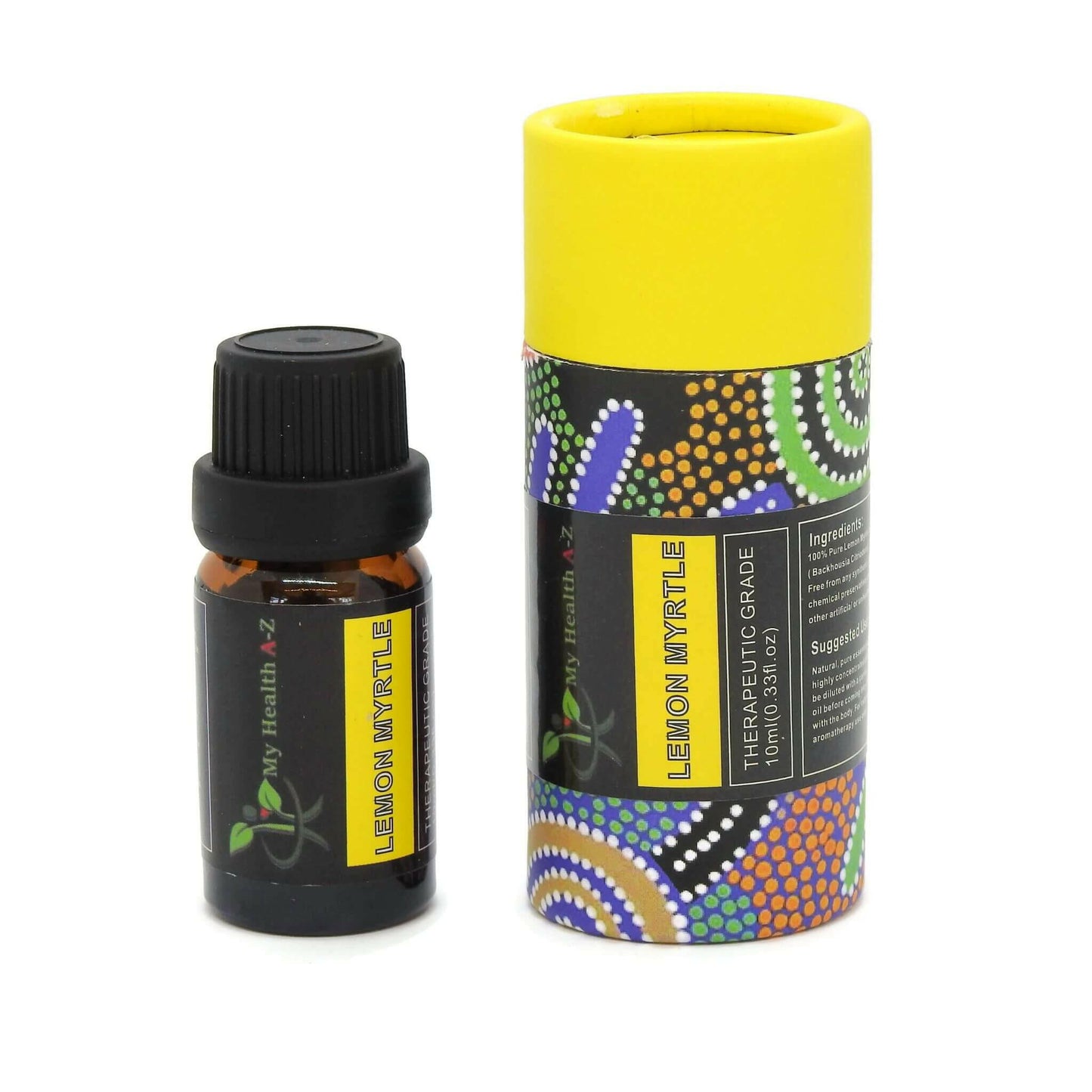 amber bottle of lemon myrtle essential oil with cylinder